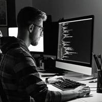 Black and white image of man working at a computer screen with some code on it. 